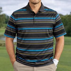 Nike Dri-Fit Golf Polo Men’s Large Black Blue Yellow Striped Short Sleeve